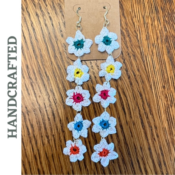 Handcrafted Crochet Daisy Dangle Earrings | Multicolor Boho Style | Whitr Multi - Picture 3 of 3